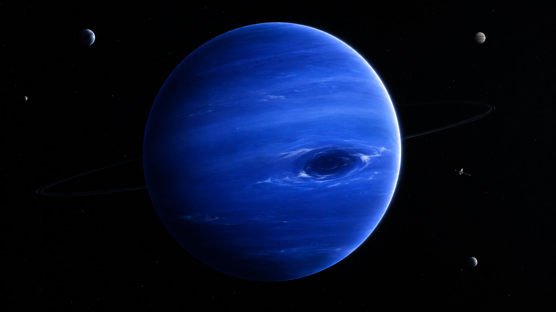 Planet Neptunus berwarna biru dengan badai gelap terlihat di angkasa, ditemani beberapa planet kecil di kejauhan.