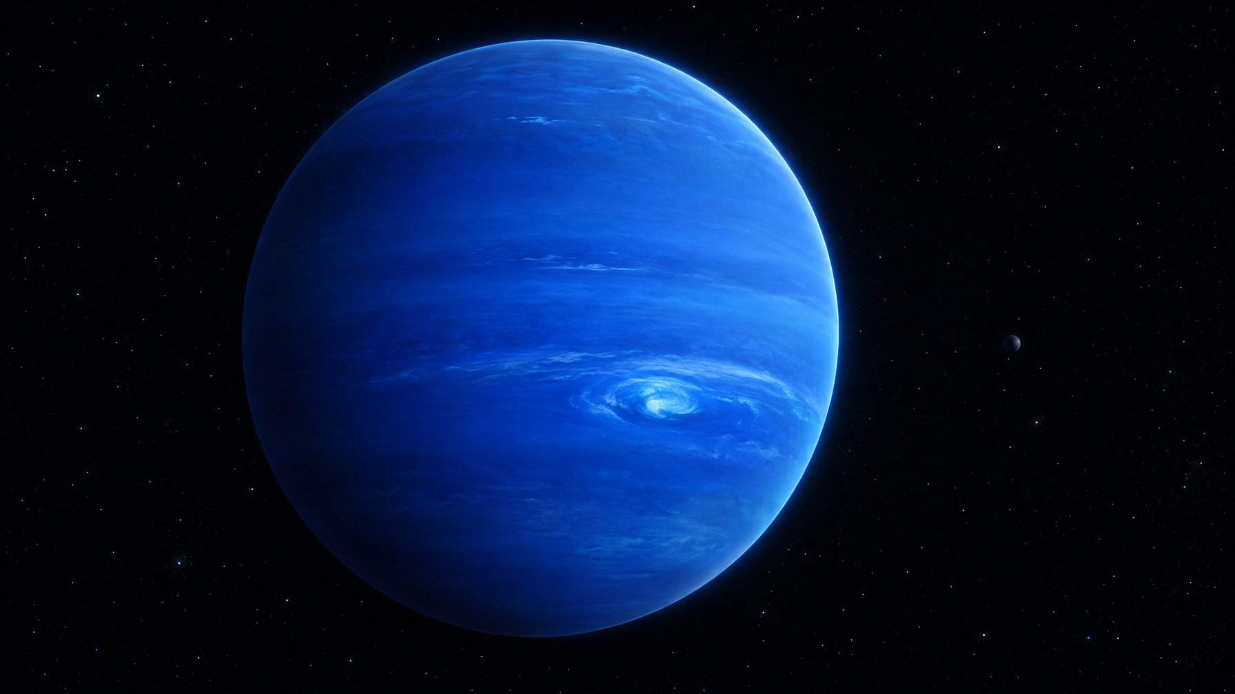 Planet Neptunus berwarna biru tampak di antara bintang-bintang.