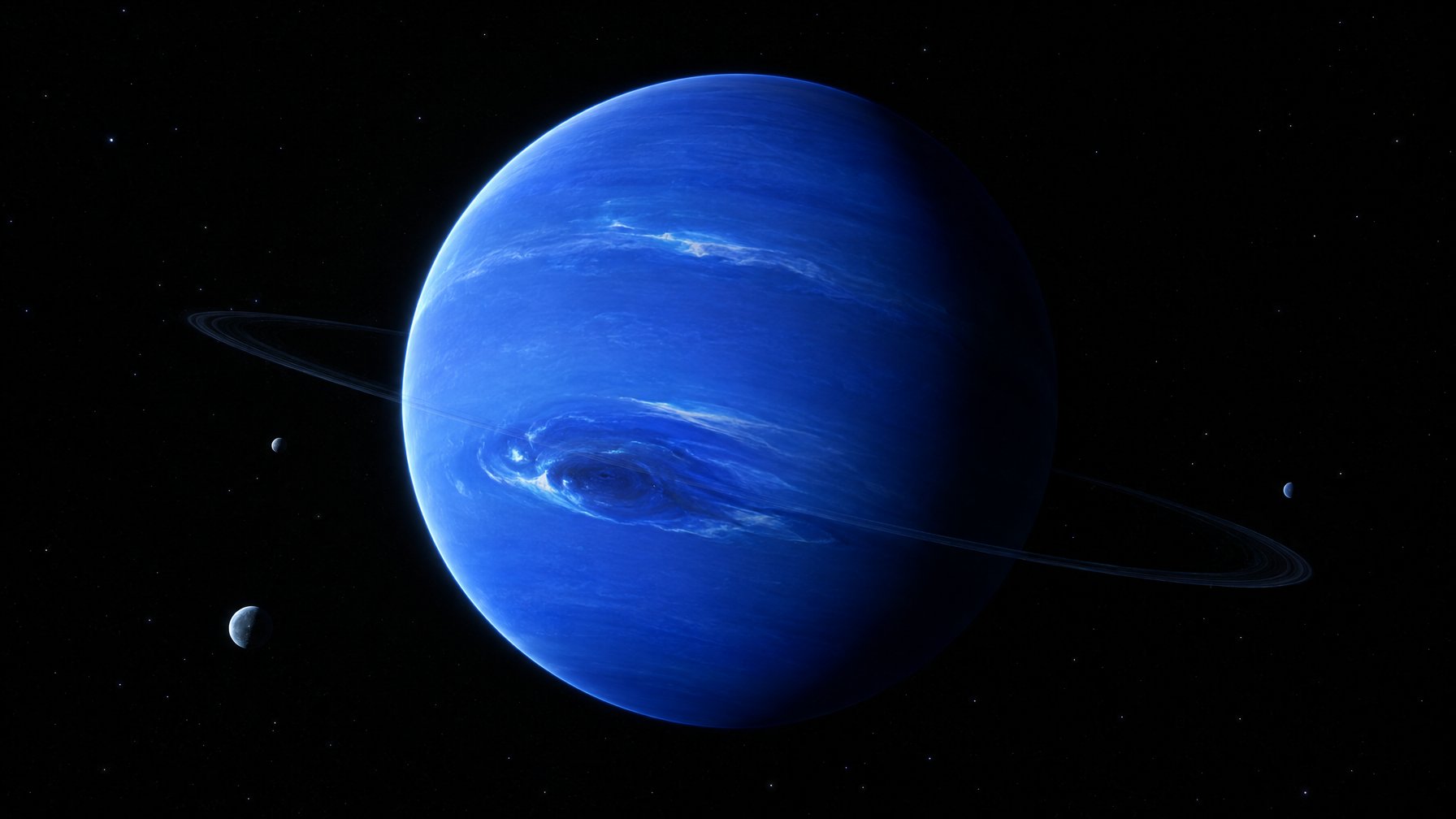 Planet Neptunus berwarna biru tampak di ruang angkasa.