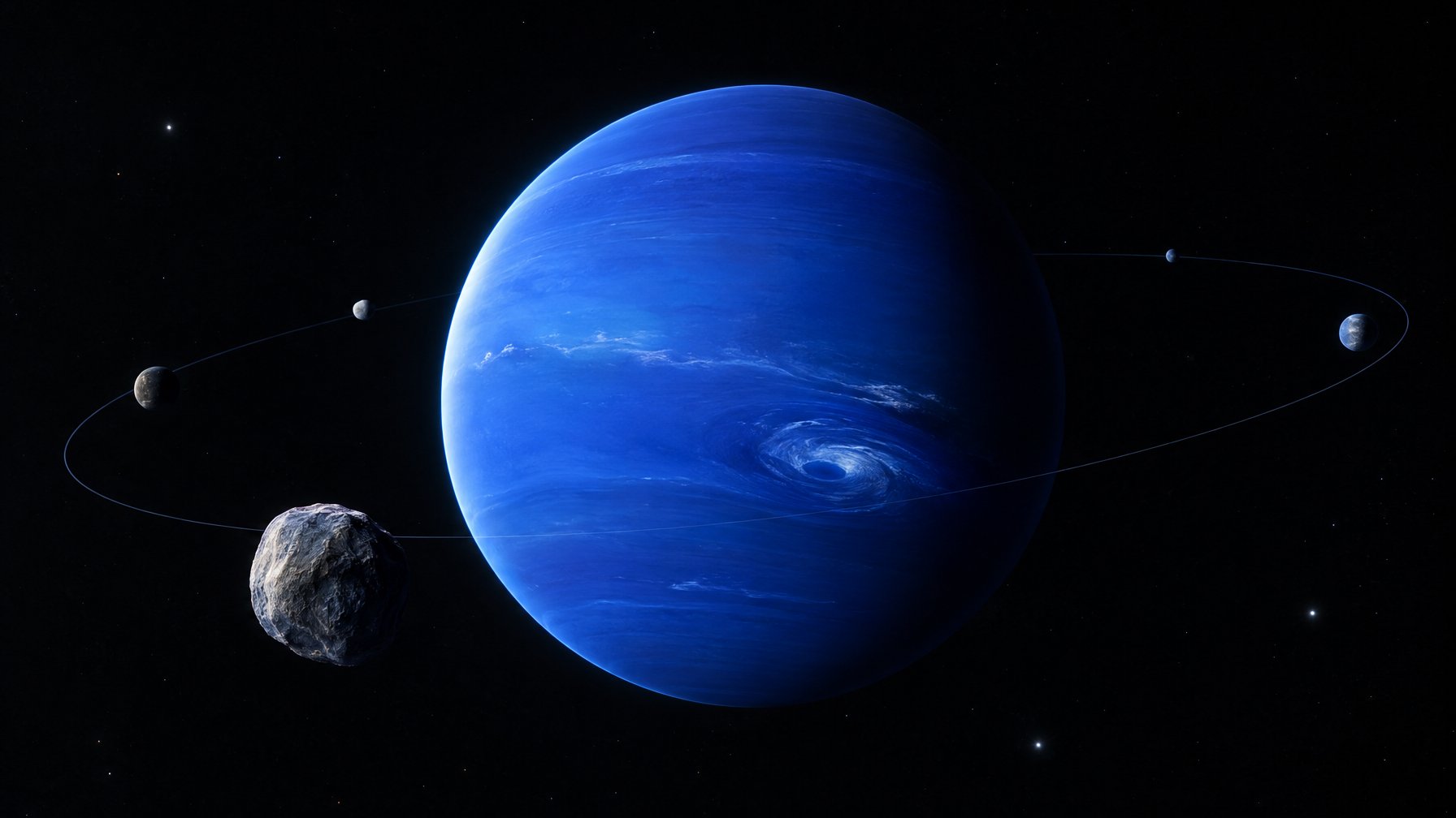 Neptunus biru dengan badai besar dan beberapa satelit kecil di ruang angkasa.