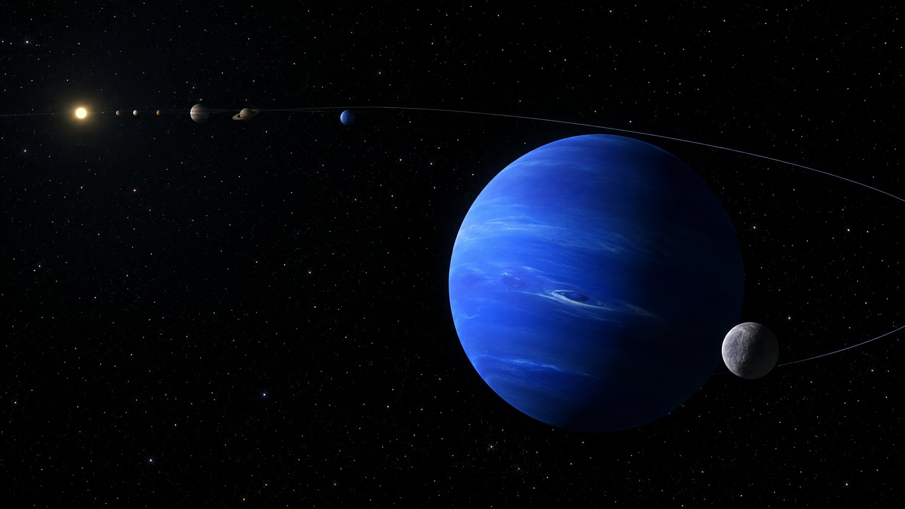 Neptunus tampak di angkasa dengan sebuah bulan dan lintasan orbit mengelilingi Matahari.