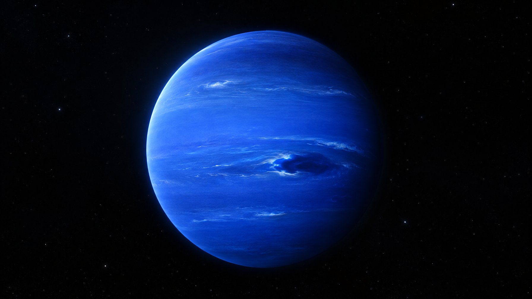 Planet Neptunus berwarna biru tampak melayang di ruang angkasa.