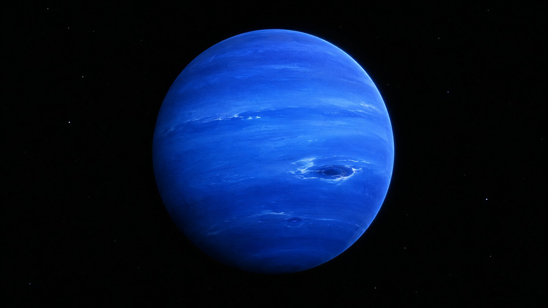 Planet Neptunus tampak biru dengan awan berpusar di angkasa.