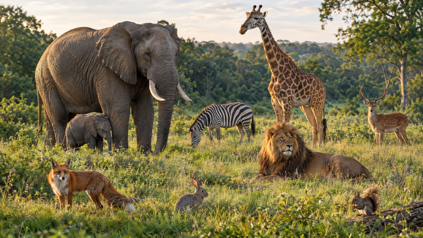 Gajah, jerapah, singa, zebra, rubah, rusa, kelinci, dan tupai berada di padang rumput dekat hutan.