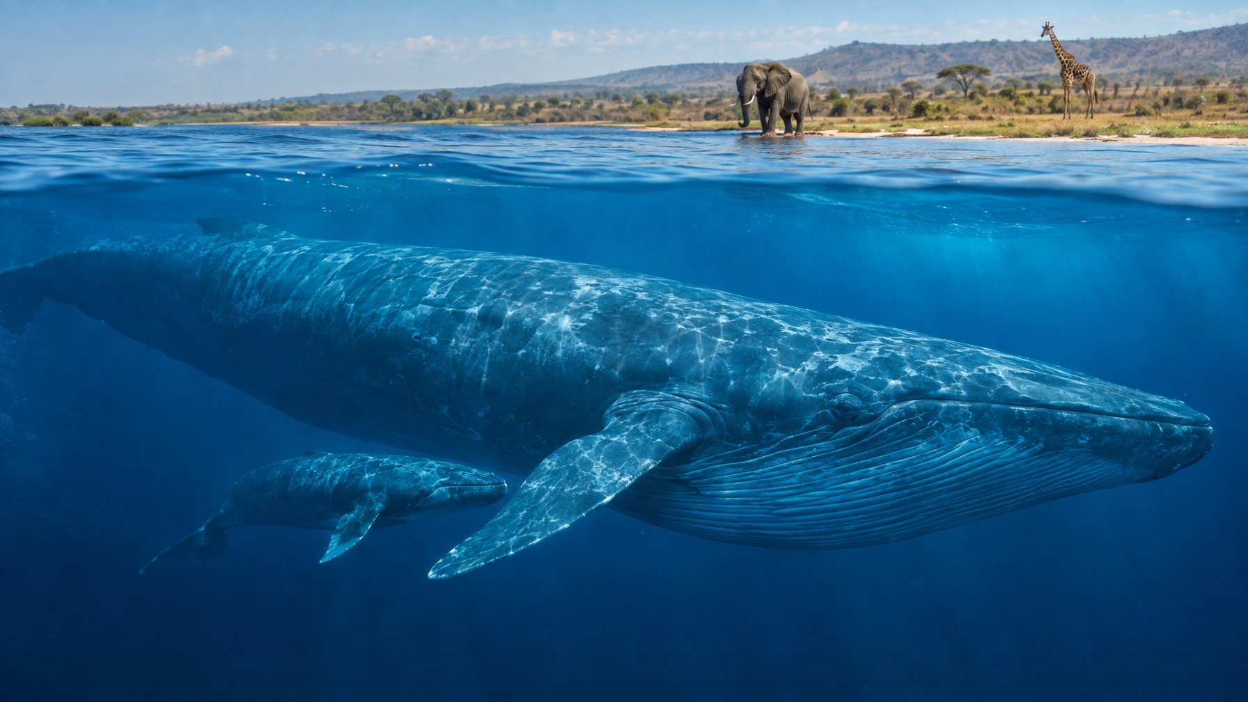Seekor paus biru dan anaknya berenang di dekat permukaan laut, sementara gajah dan jerapah terlihat di tepi savana.