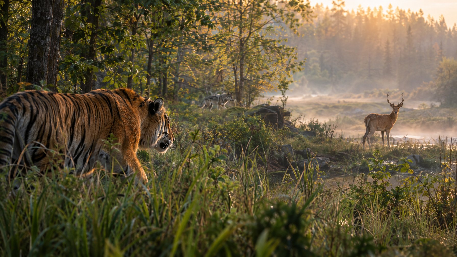 Seekor harimau mengendap di rerumputan sambil mengawasi rusa, sementara seekor serigala bergerak di kejauhan.