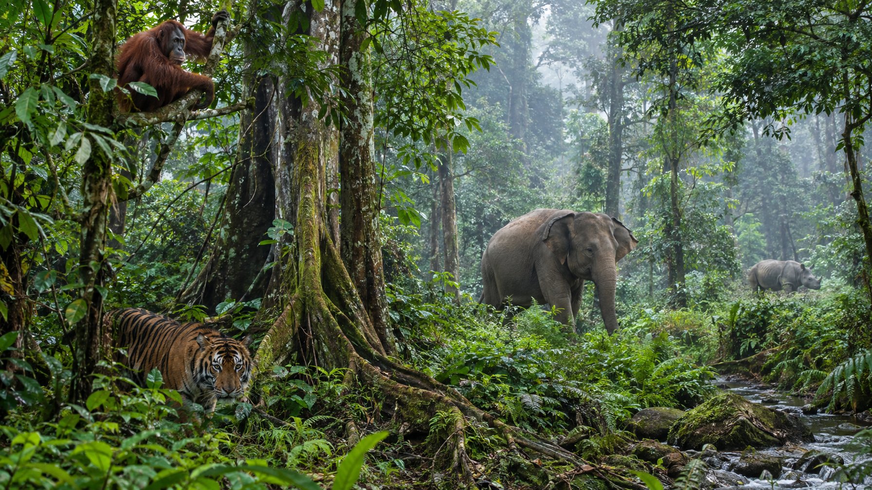 Orangutan, harimau Sumatra, gajah Asia, dan badak Jawa berada di habitat hutan tropis Indonesia.