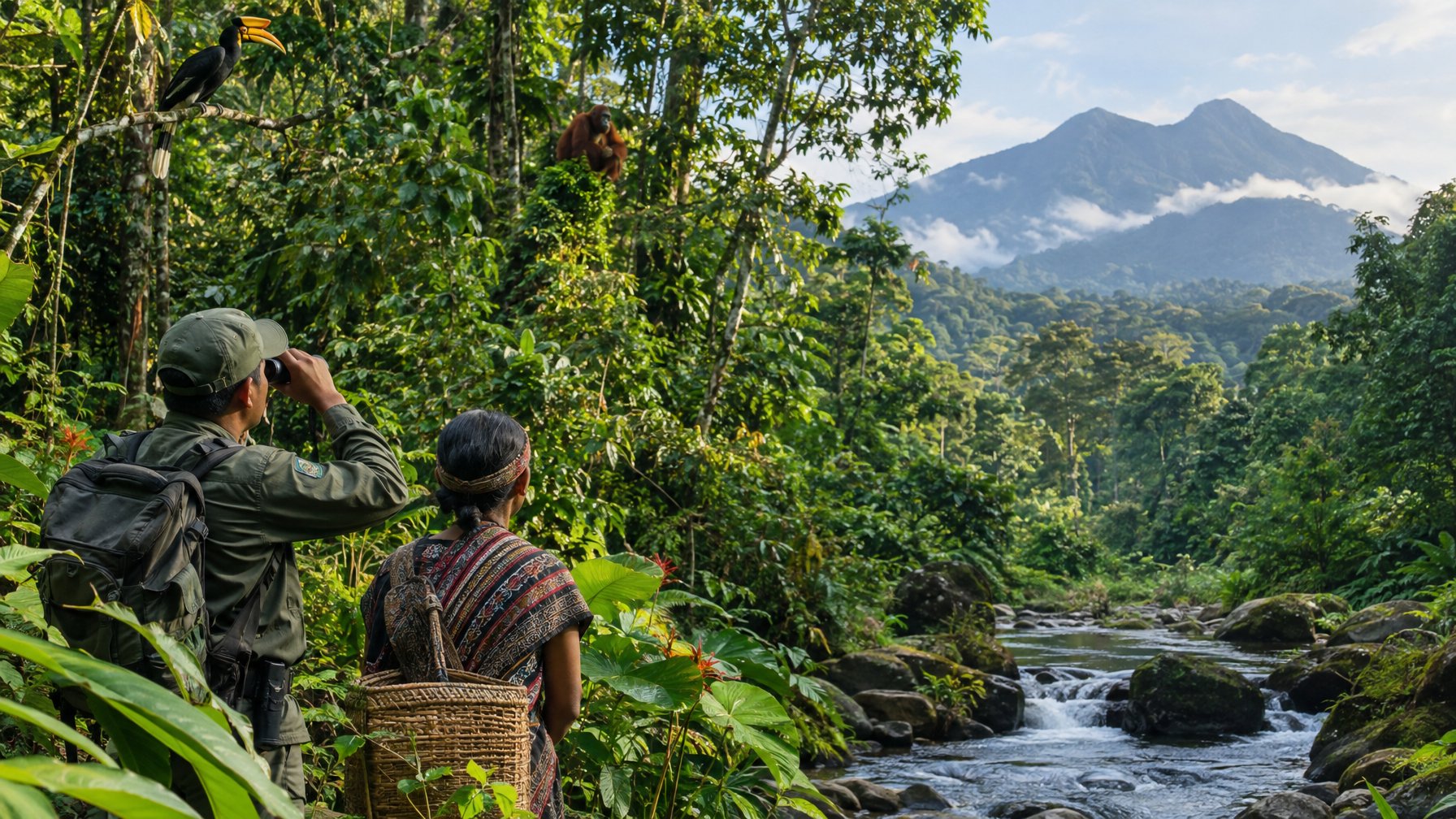 Seorang penjaga hutan dan warga setempat mengamati satwa liar di hutan tropis Indonesia.