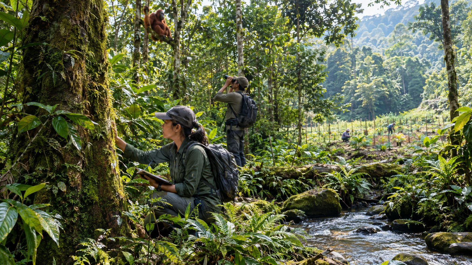 Tim konservasi mengamati orangutan dan merawat hutan tropis Indonesia.