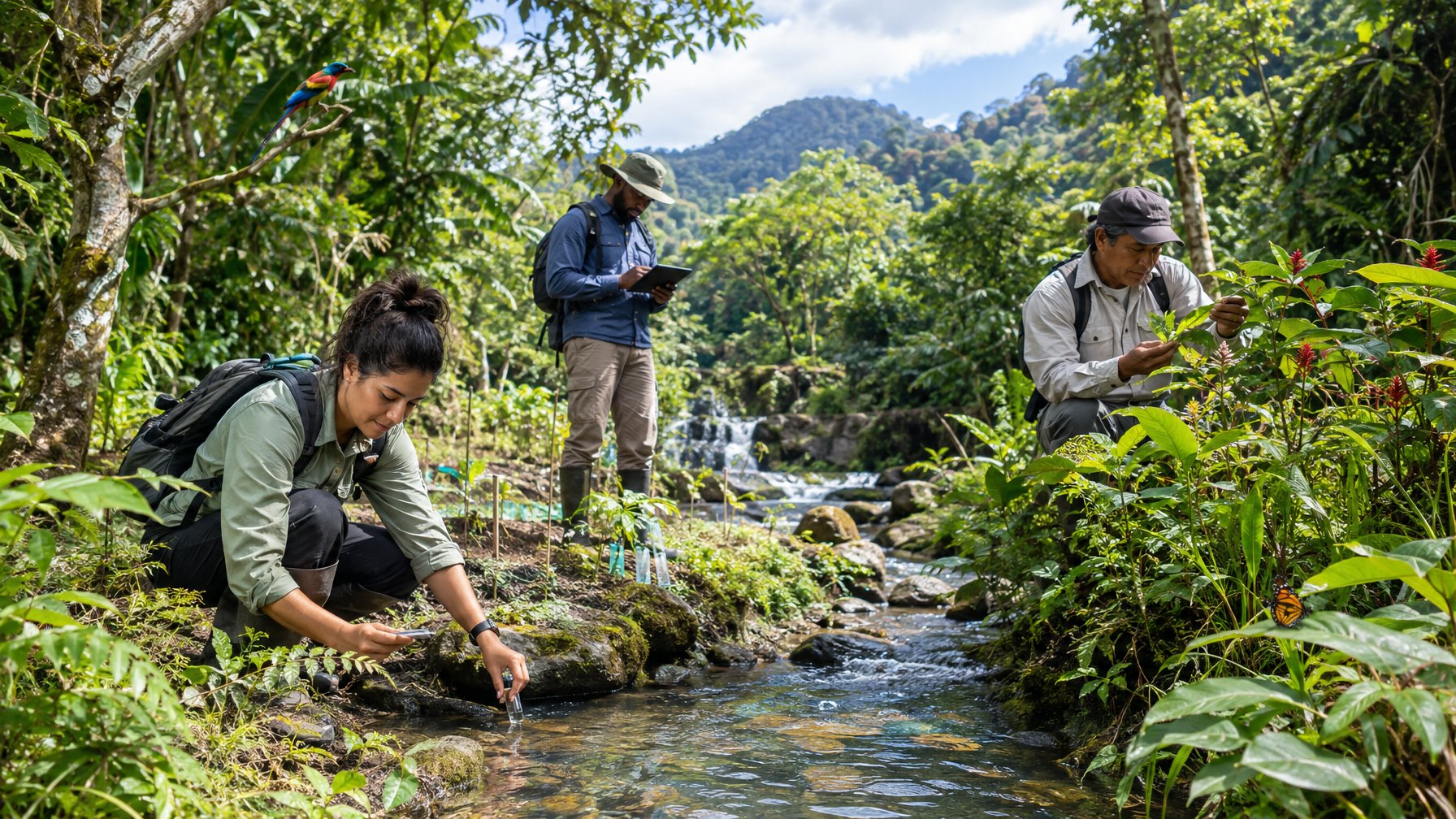 Tim konservasi meneliti tumbuhan dan aliran sungai di hutan tropis.