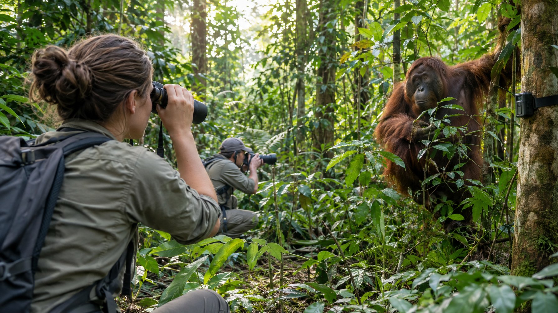Peneliti mengamati orangutan Sumatra di hutan hujan.
