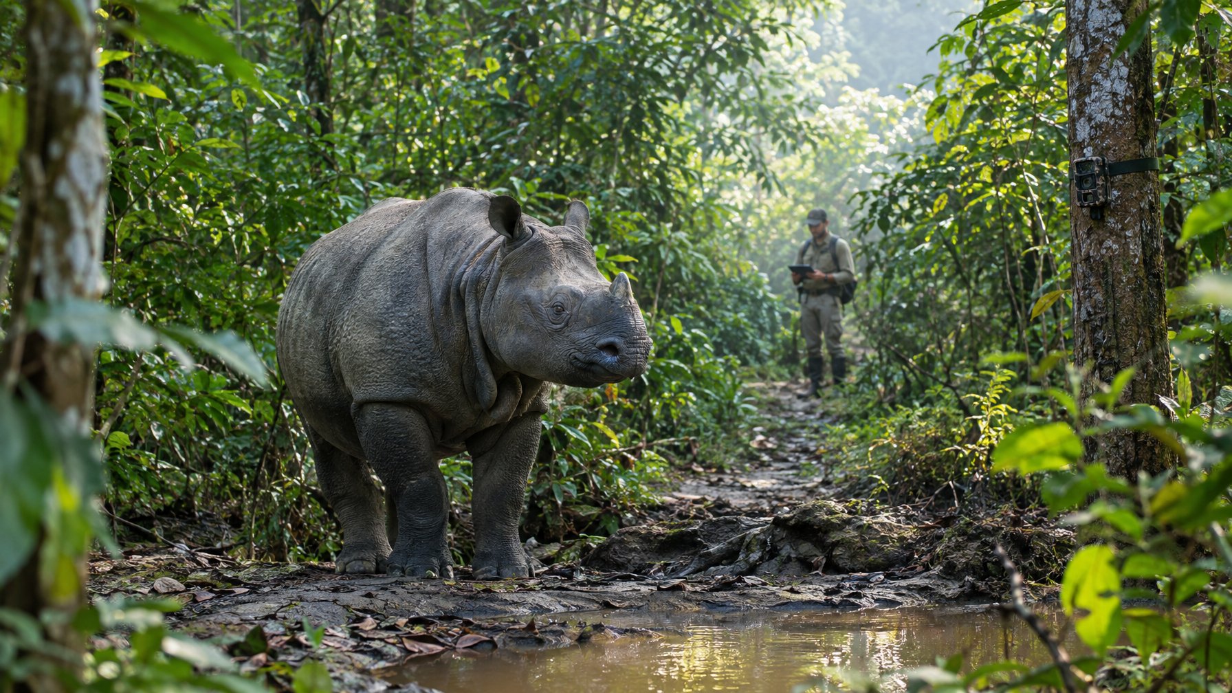 Badak jawa berada di hutan tropis, sementara seorang petugas konservasi memantaunya dari kejauhan.