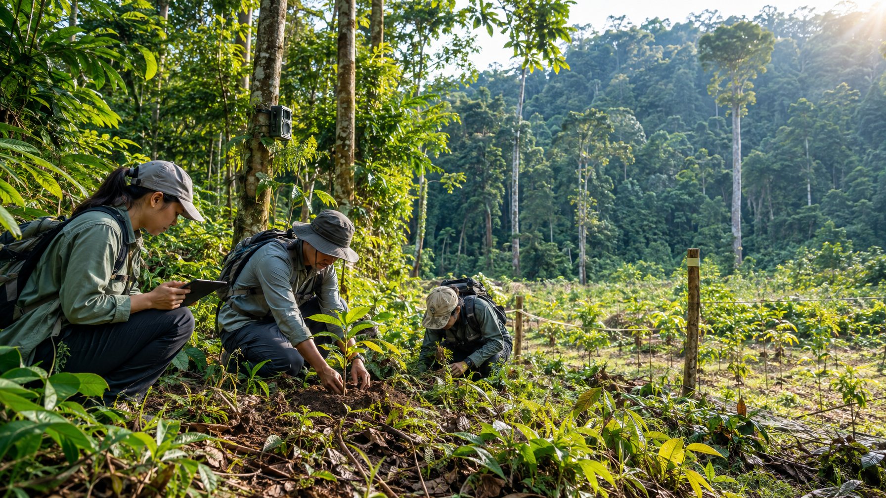 Petugas konservasi menanam bibit pohon di hutan tropis yang hijau.