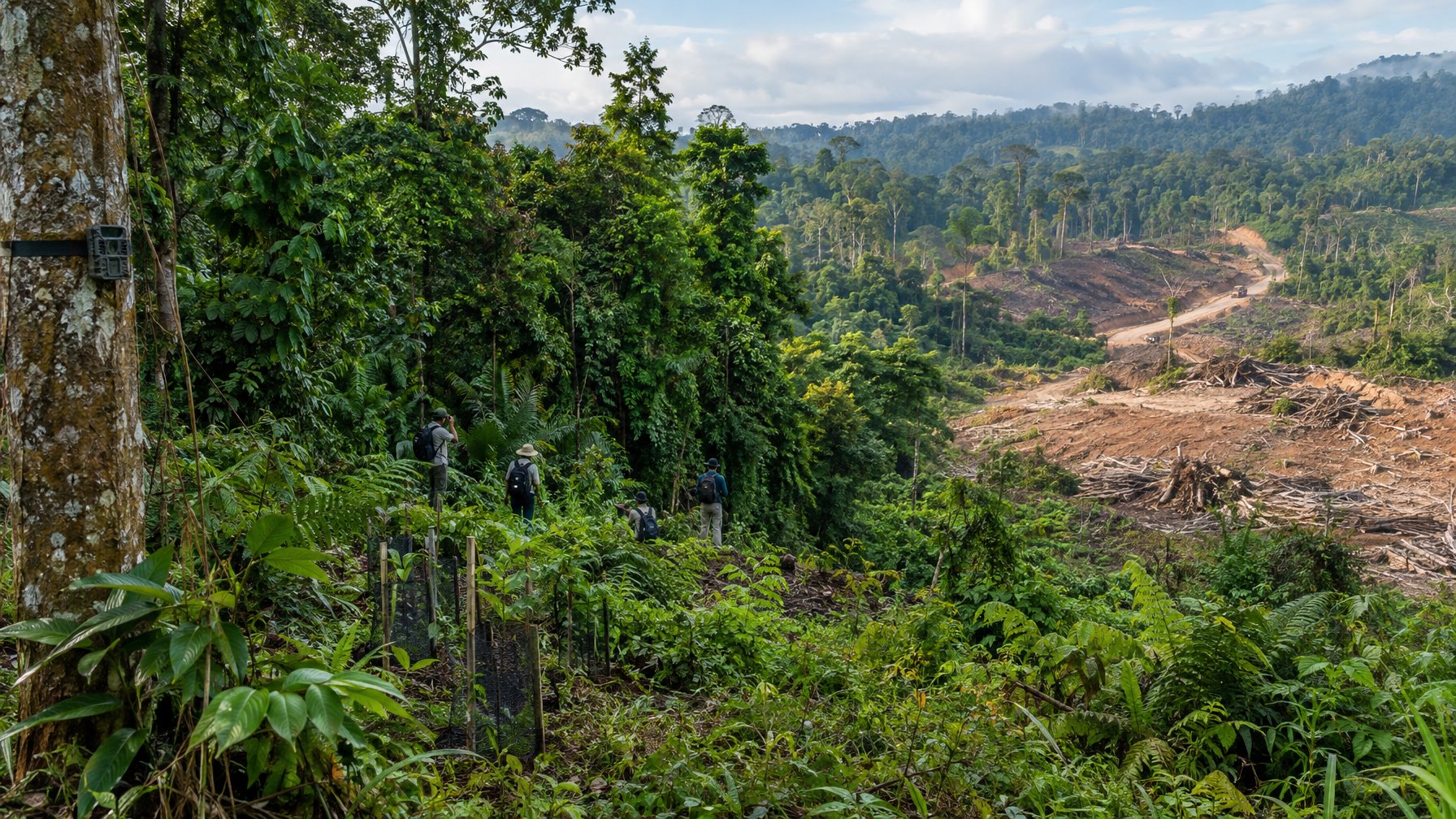 Petugas konservasi memantau tepi hutan tropis yang berbatasan dengan lahan terbuka.
