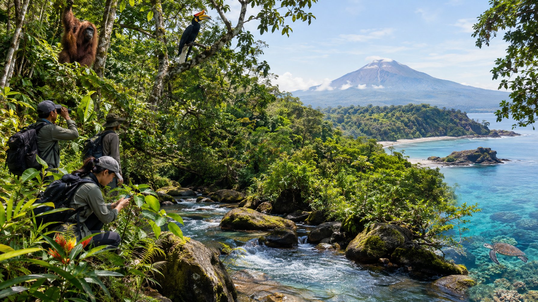 Para pegiat konservasi mengamati satwa dan tumbuhan di hutan tropis Indonesia.