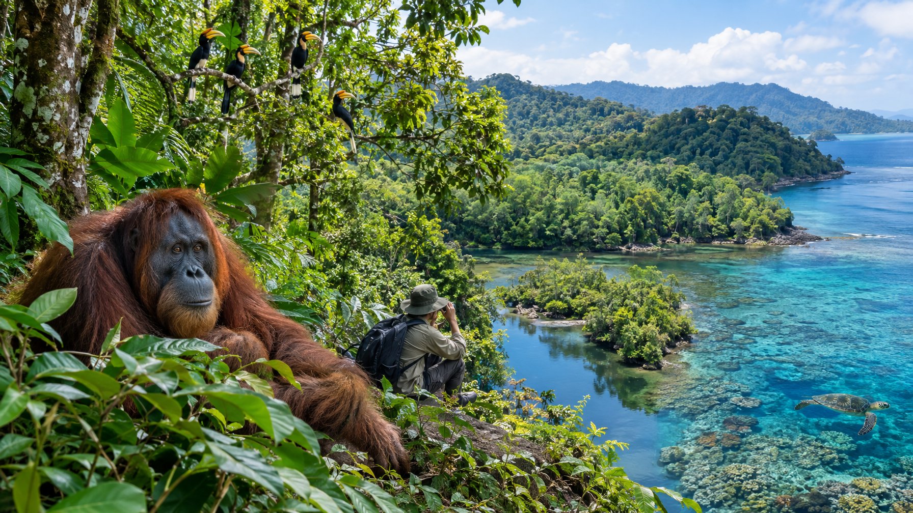 Orangutan di hutan tropis Indonesia, dengan burung rangkong dan penyu di sekitar sungai serta terumbu karang.