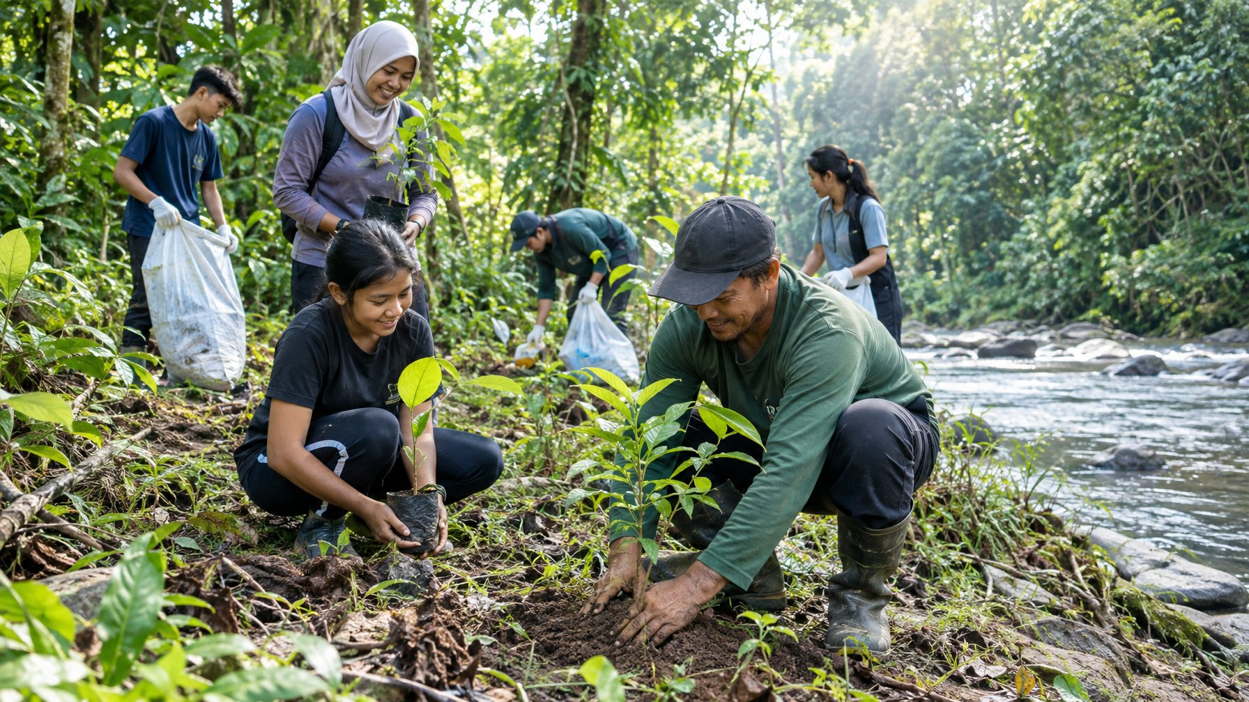 Warga bekerja bersama menanam bibit pohon dan membersihkan tepian sungai di hutan tropis.