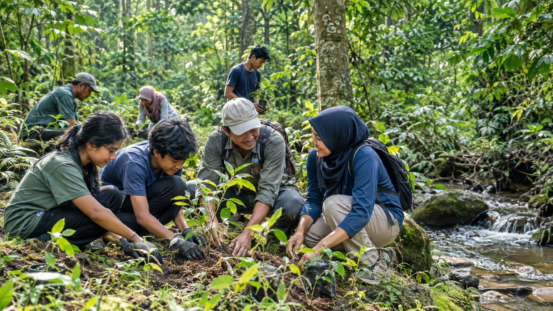 Warga bersama-sama menanam bibit pohon di kawasan hutan tropis.