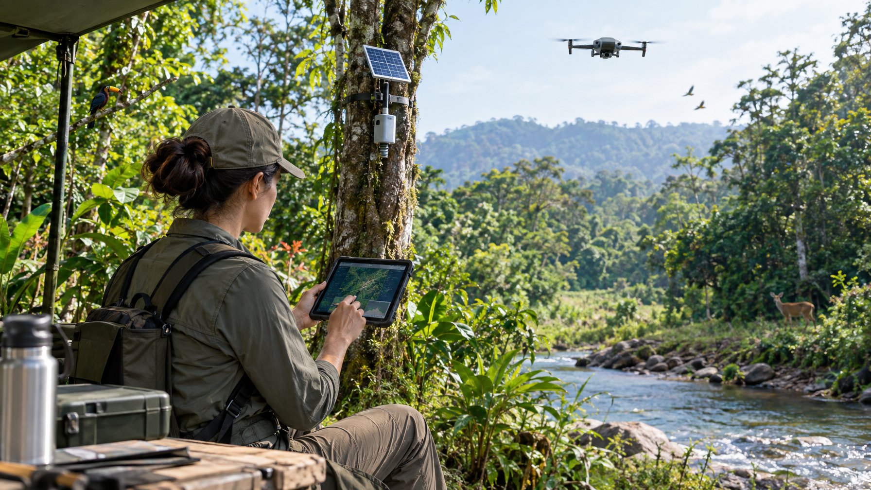 Seorang peneliti menggunakan tablet untuk memantau hutan tropis dengan sensor bertenaga surya dan drone.