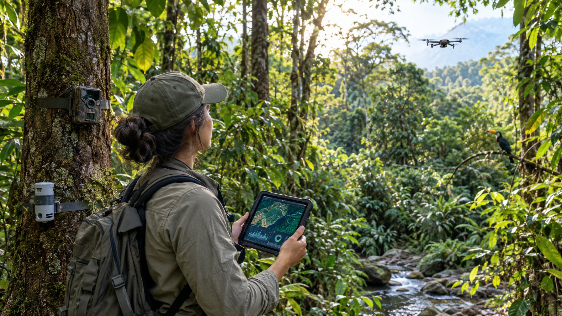 Seorang peneliti konservasi menggunakan tablet di hutan, sementara drone memantau pepohonan.