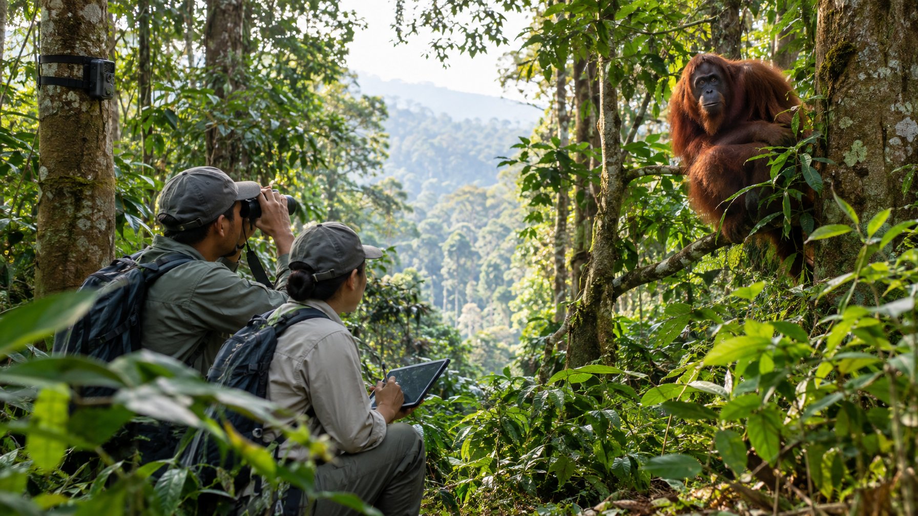 Para peneliti mengamati orangutan Sumatra di hutan hujan.