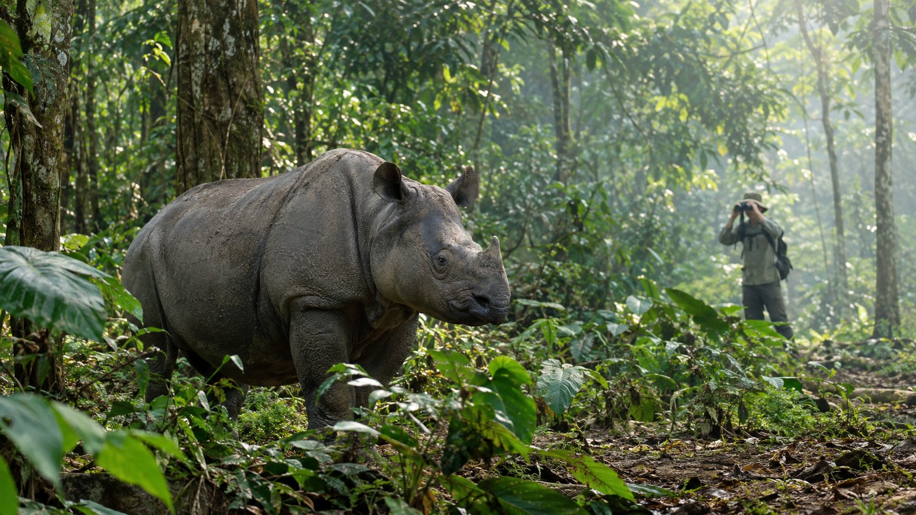 Badak Jawa berdiri di hutan tropis, sementara seorang peneliti mengamatinya dari kejauhan.