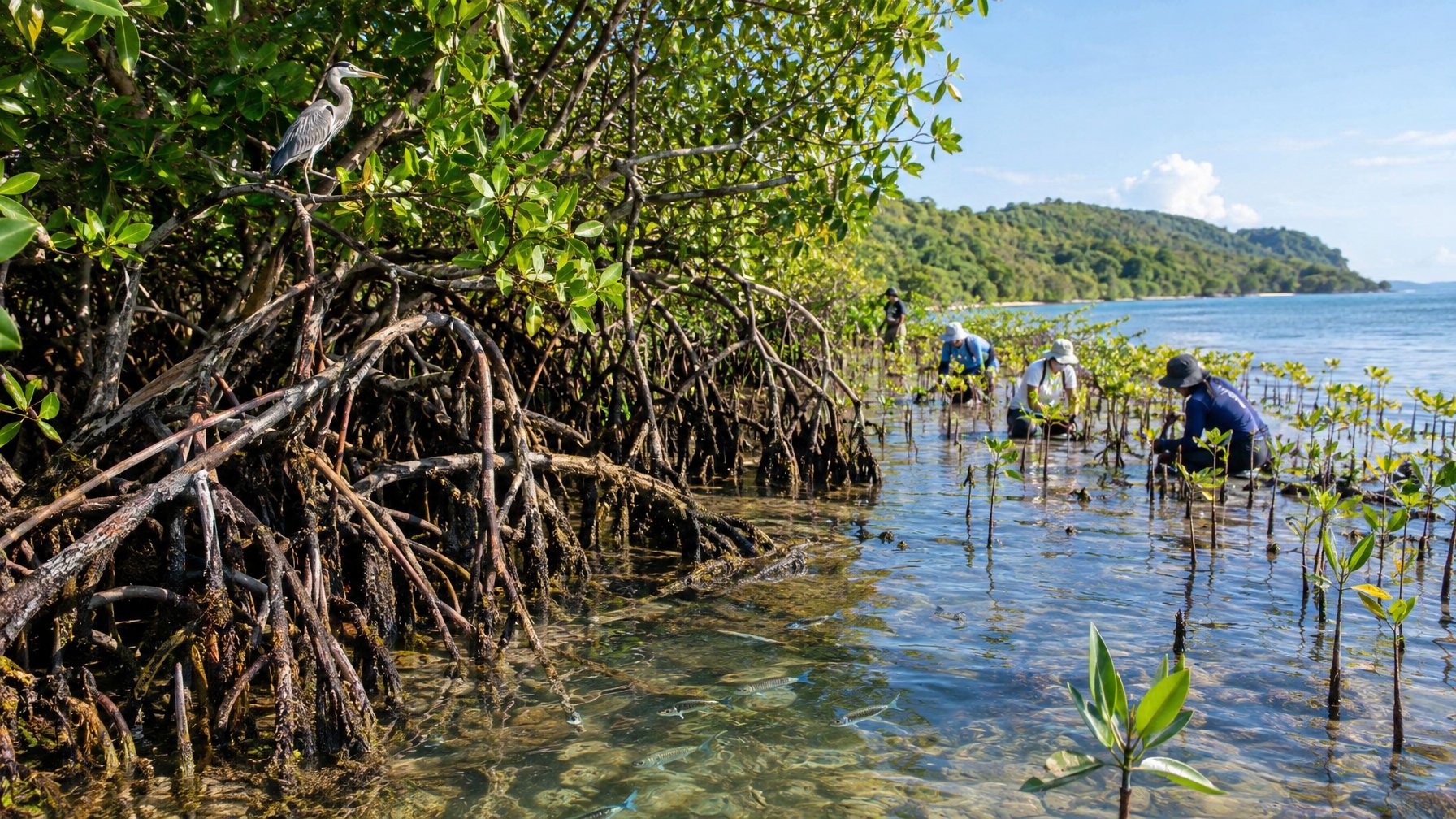Hutan mangrove tumbuh di tepi pantai, sementara beberapa orang menanam bibit di antara akarnya.