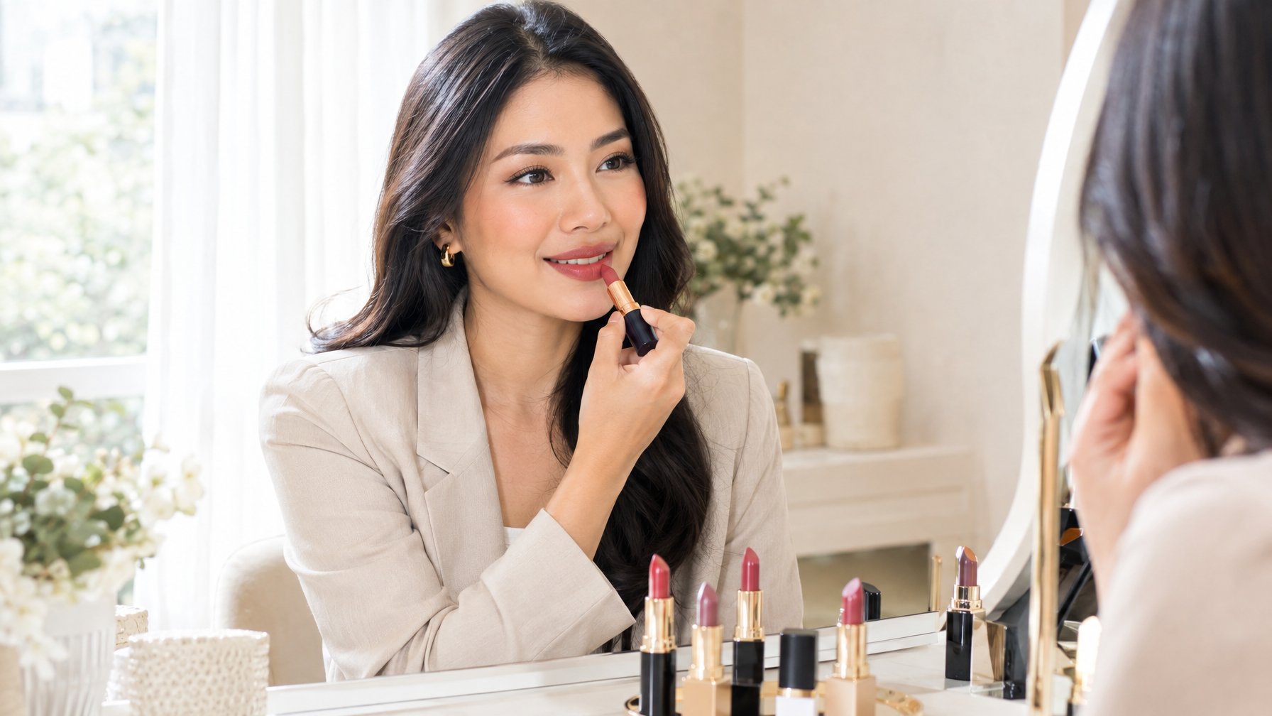 Seorang perempuan mengaplikasikan lipstik di depan cermin dengan beberapa lipstik di atas meja rias.