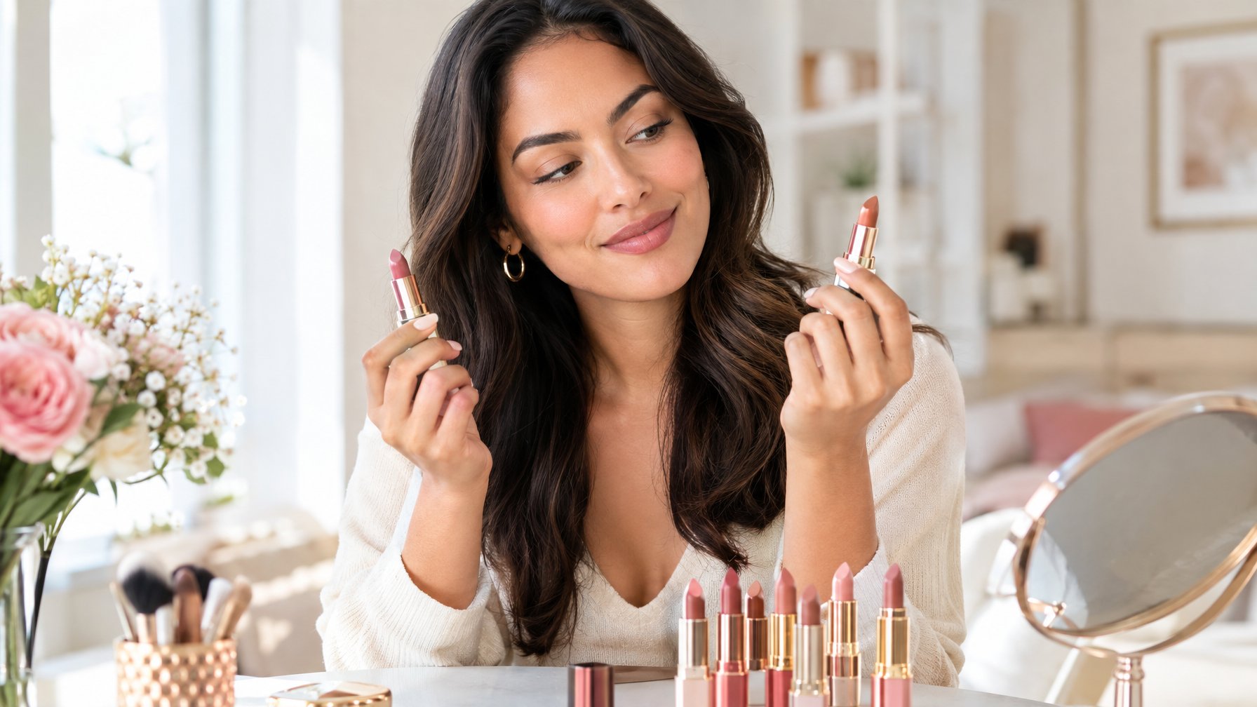 Seorang perempuan membandingkan dua warna lipstik di depan cermin.