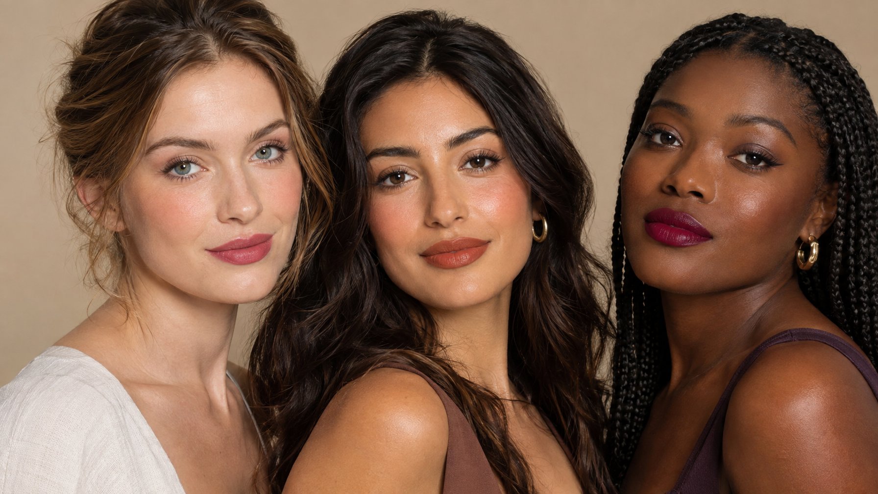 Tiga perempuan dengan warna kulit berbeda mengenakan lipstik bernuansa merah muda, terakota, dan beri.