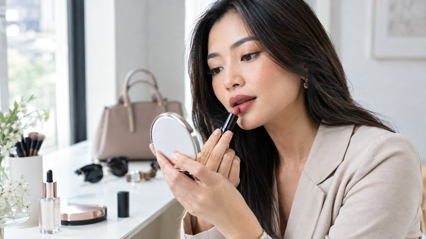 Seorang wanita mengaplikasikan lipstik di depan cermin.