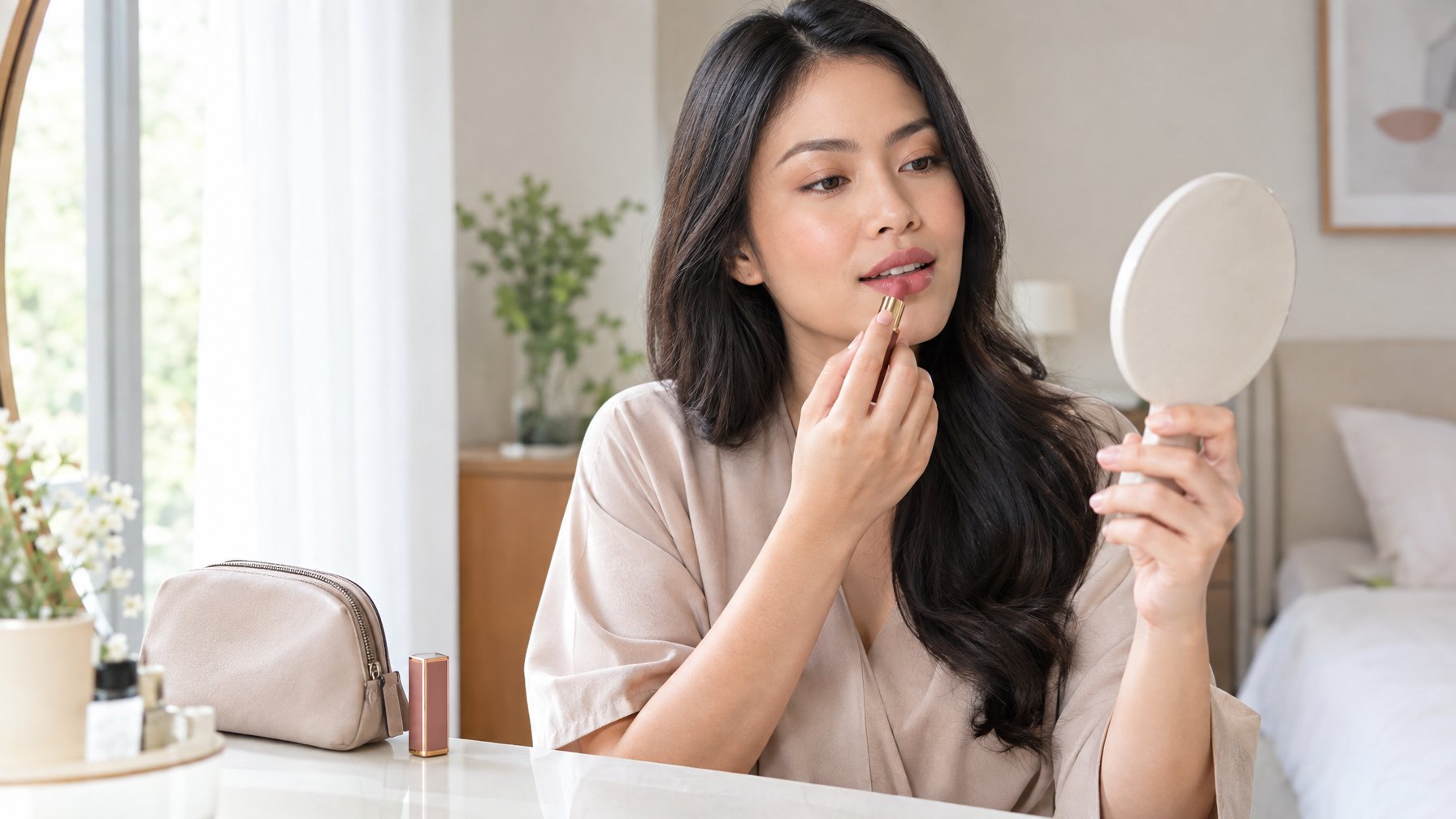 Seorang perempuan mengaplikasikan lipstik di depan cermin.