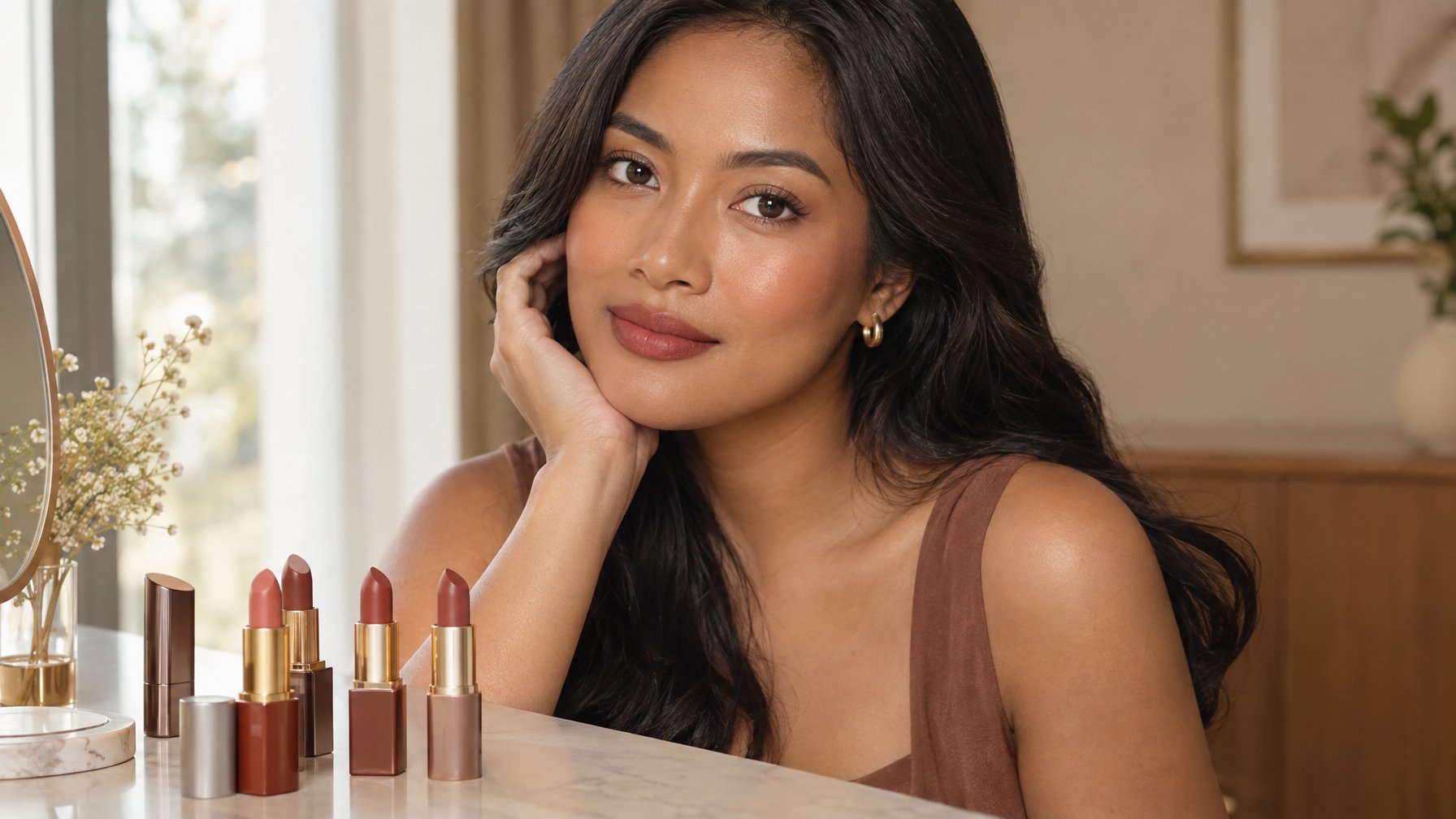 Seorang wanita berkulit sawo matang mengenakan lipstik bernuansa hangat, dengan beberapa lipstik tersusun di meja rias.