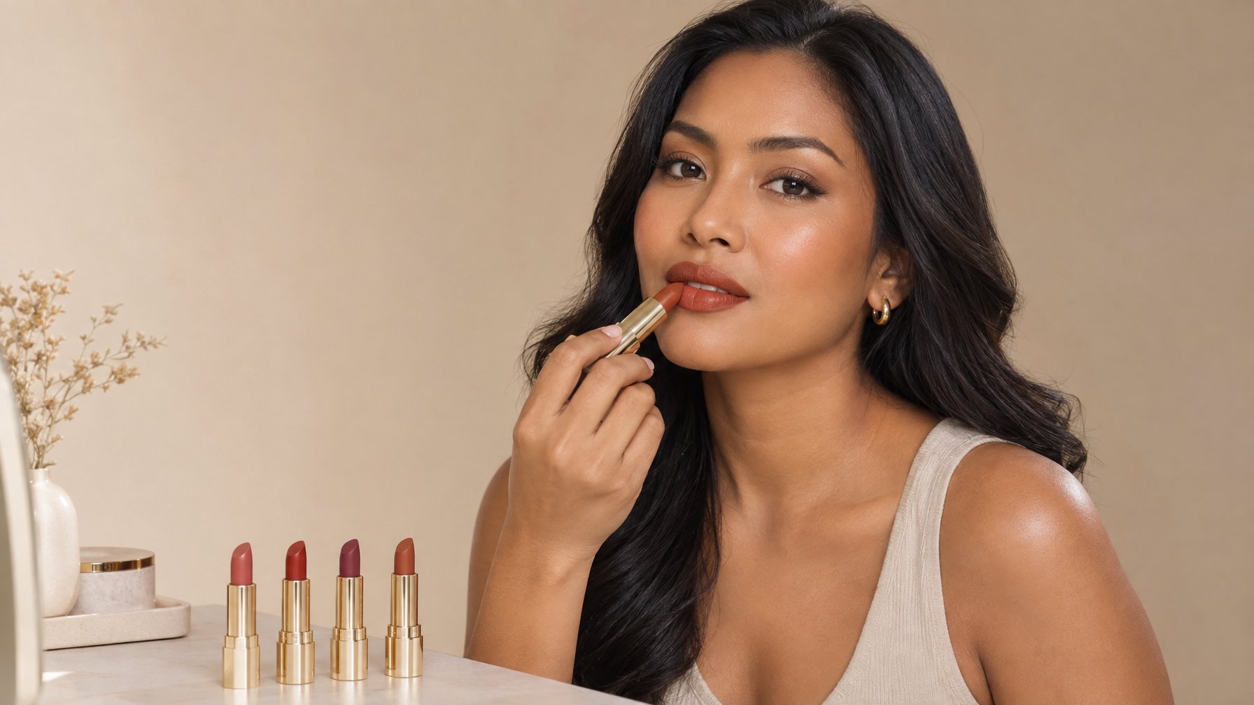 Seorang perempuan berkulit sawo matang memegang lipstik dengan beberapa pilihan warna di atas meja.