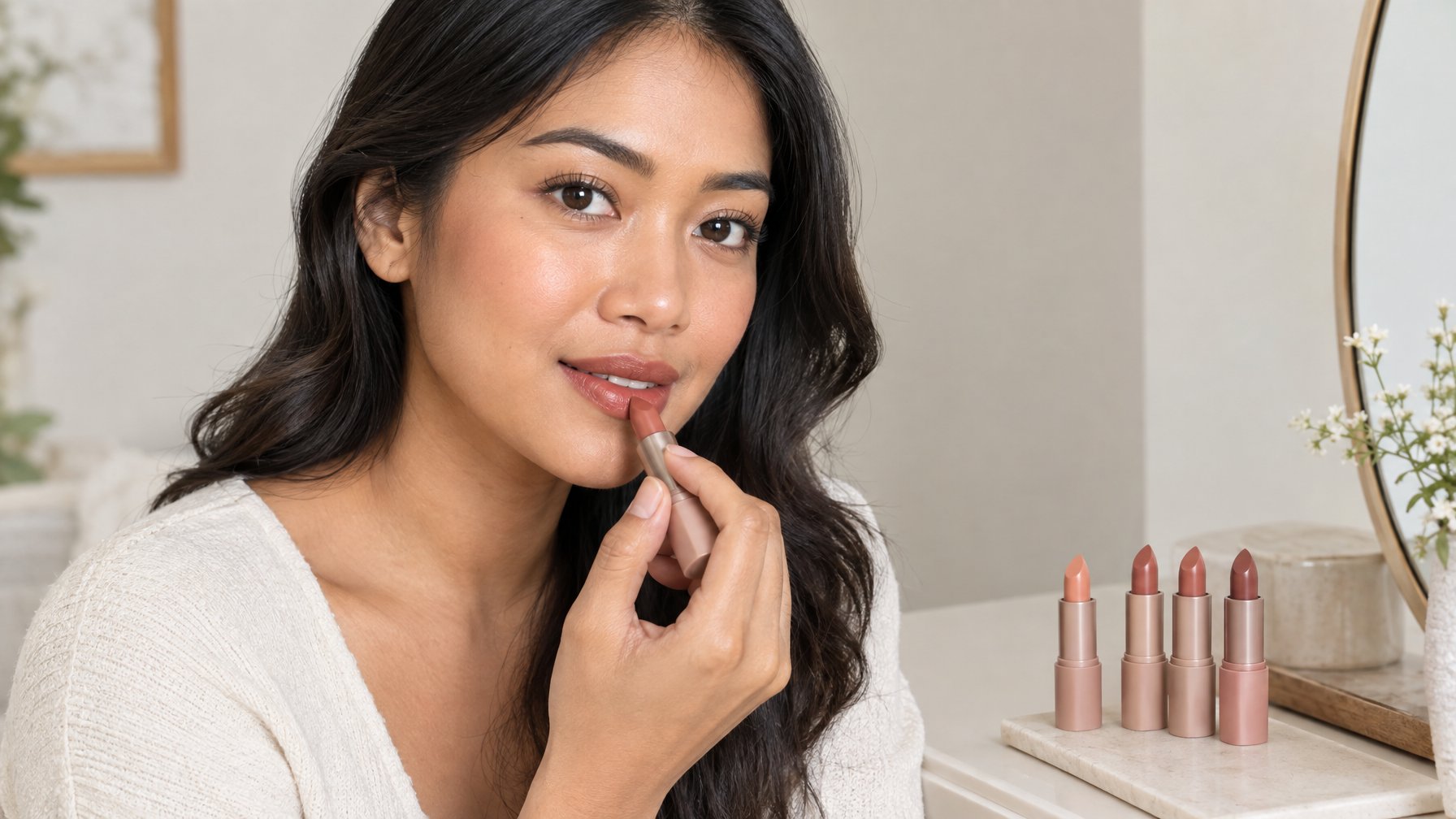 Seorang perempuan mencoba lipstik nude bernuansa hangat di depan cermin.