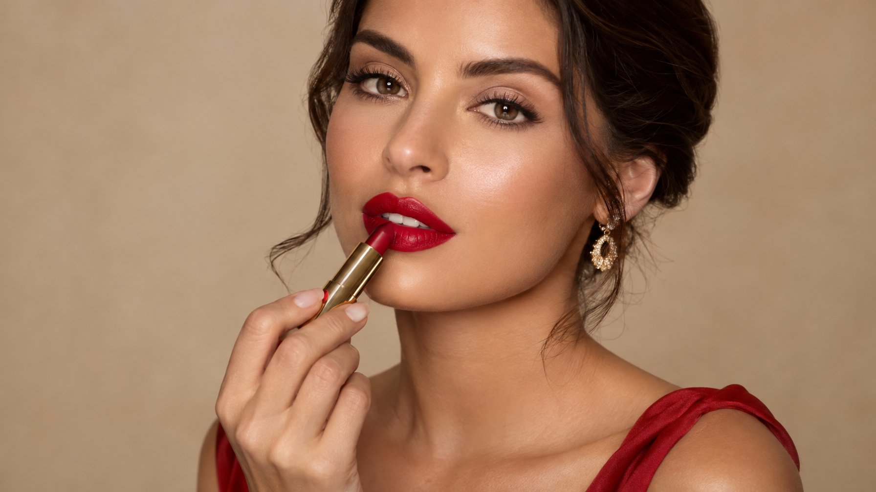 Seorang wanita mengaplikasikan lipstik merah.