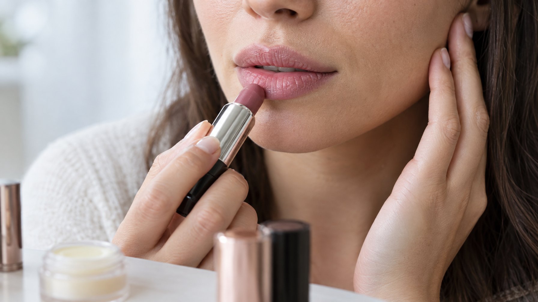 Seorang perempuan mengoleskan lipstik pada bibirnya di depan meja rias.