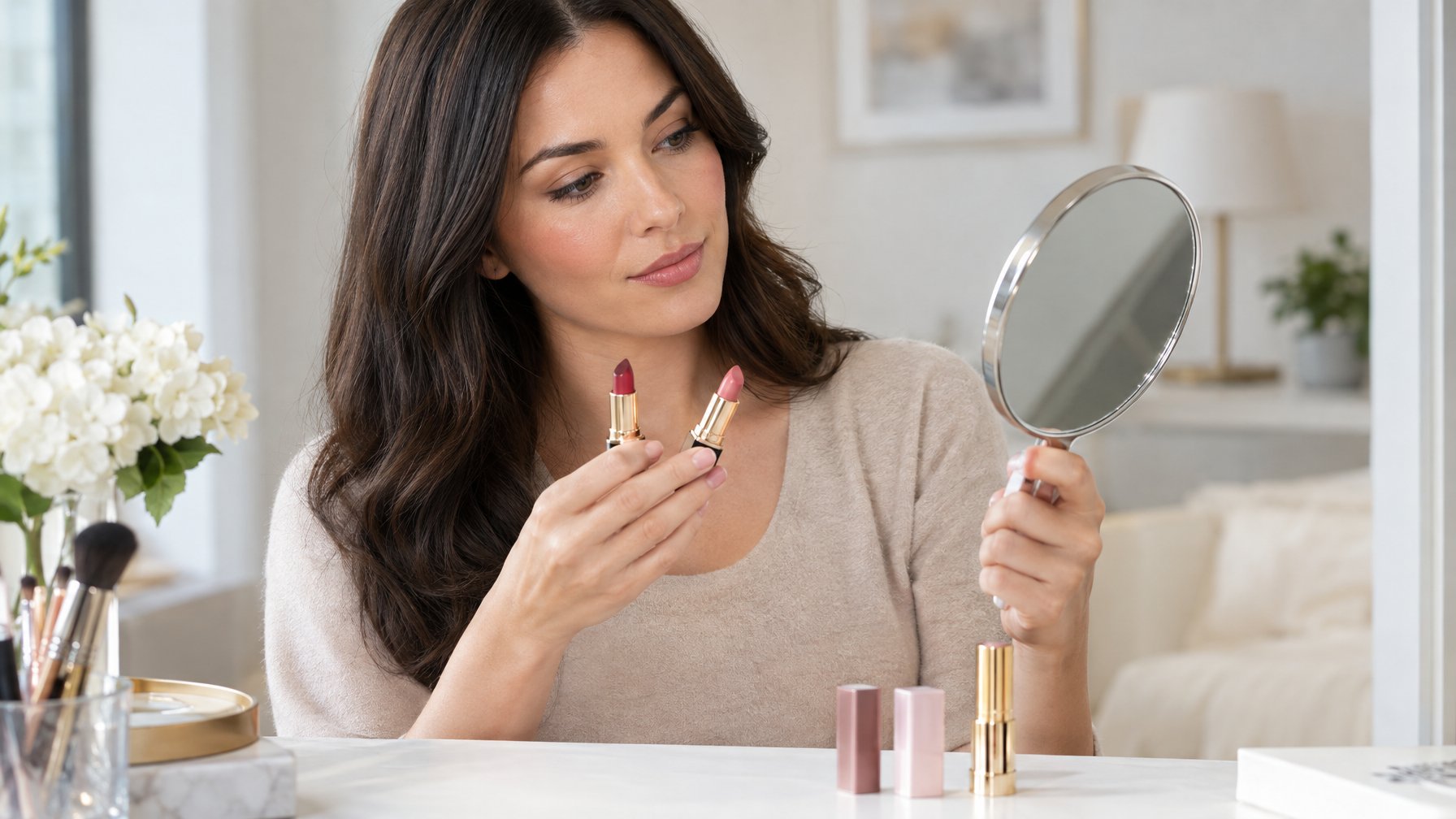Seorang wanita membandingkan dua warna lipstik di depan cermin.