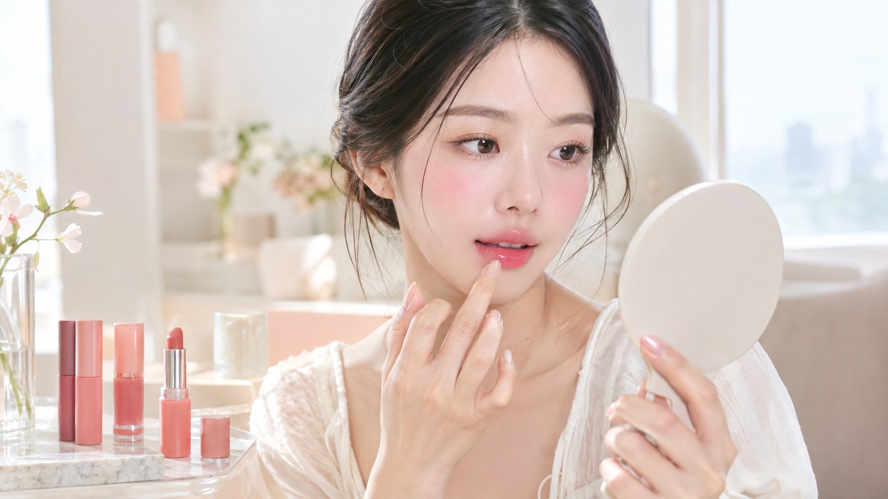 Seorang perempuan mengaplikasikan pewarna bibir berwarna merah muda alami di depan cermin.