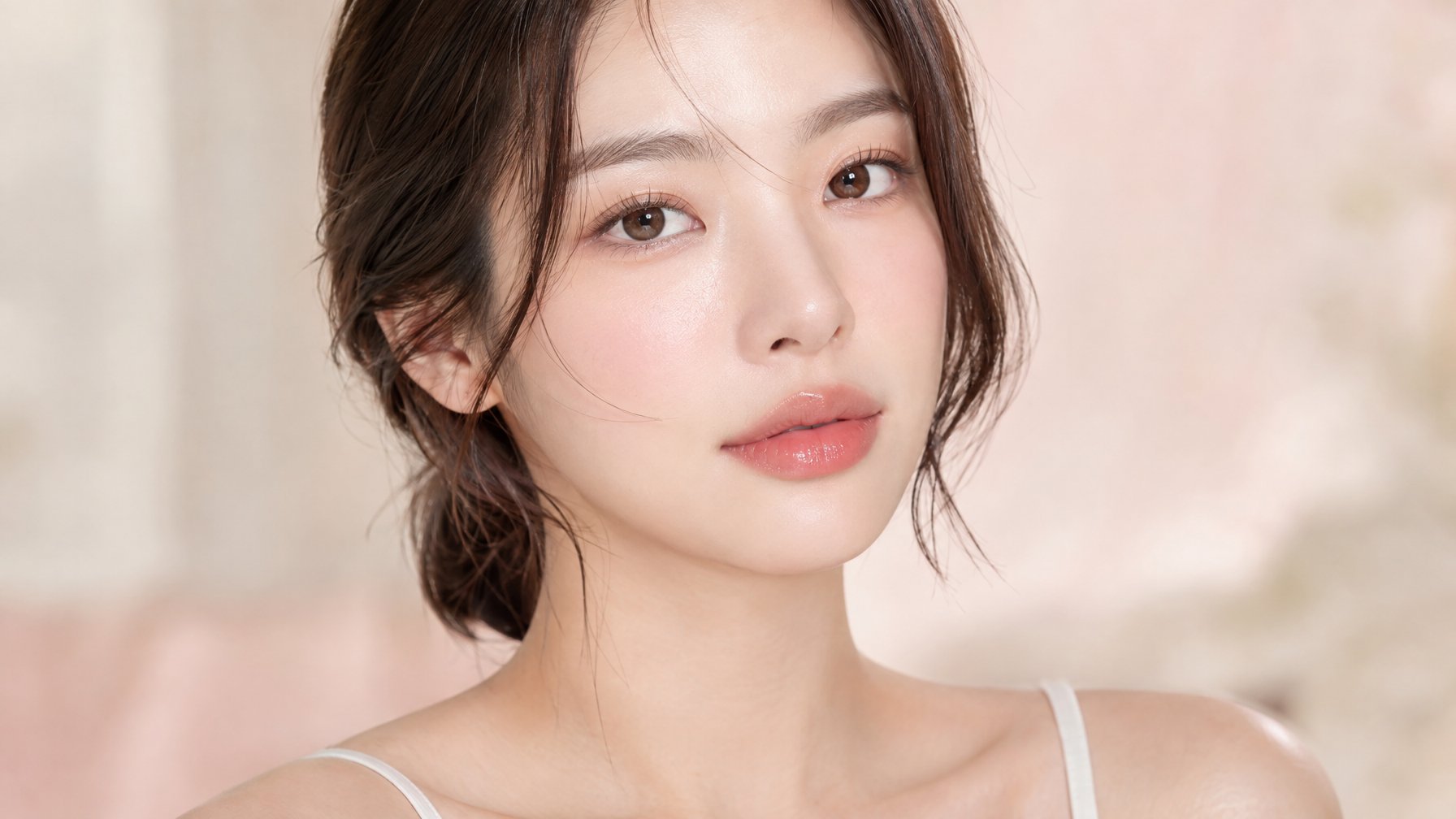 Seorang perempuan dengan riasan natural dan bibir berwarna merah muda lembut.