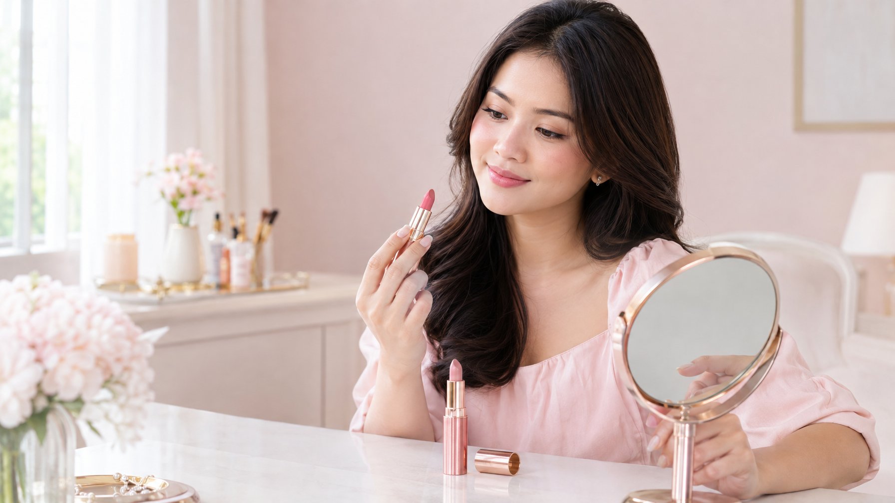 Seorang perempuan membandingkan dua warna lipstik pink di depan cermin.