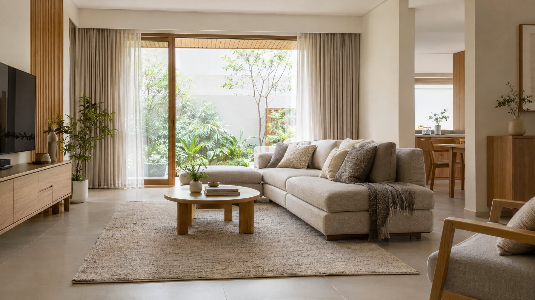 Ruang keluarga dengan sofa, meja kecil, karpet, dan tanaman.