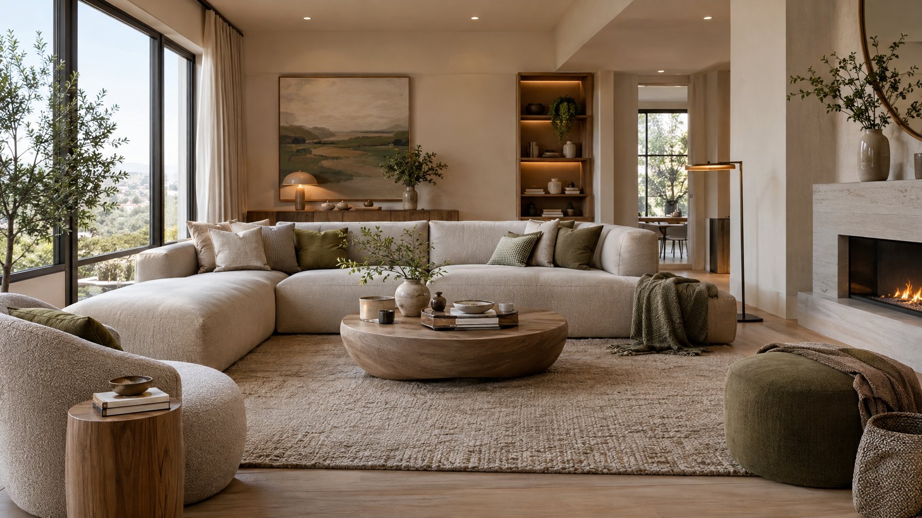 Ruang keluarga modern dengan sofa, meja kopi, tanaman, dan cahaya alami.