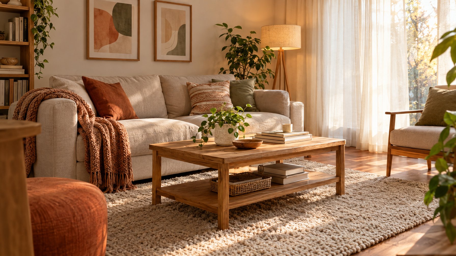 Ruang keluarga nyaman dengan sofa, meja kayu, tanaman, dan cahaya matahari hangat.