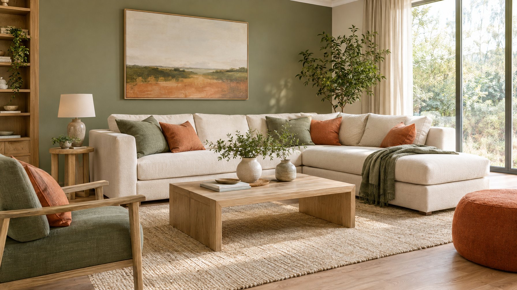 Ruang keluarga dengan sofa krem, bantal hijau sage dan terakota, serta meja kayu.