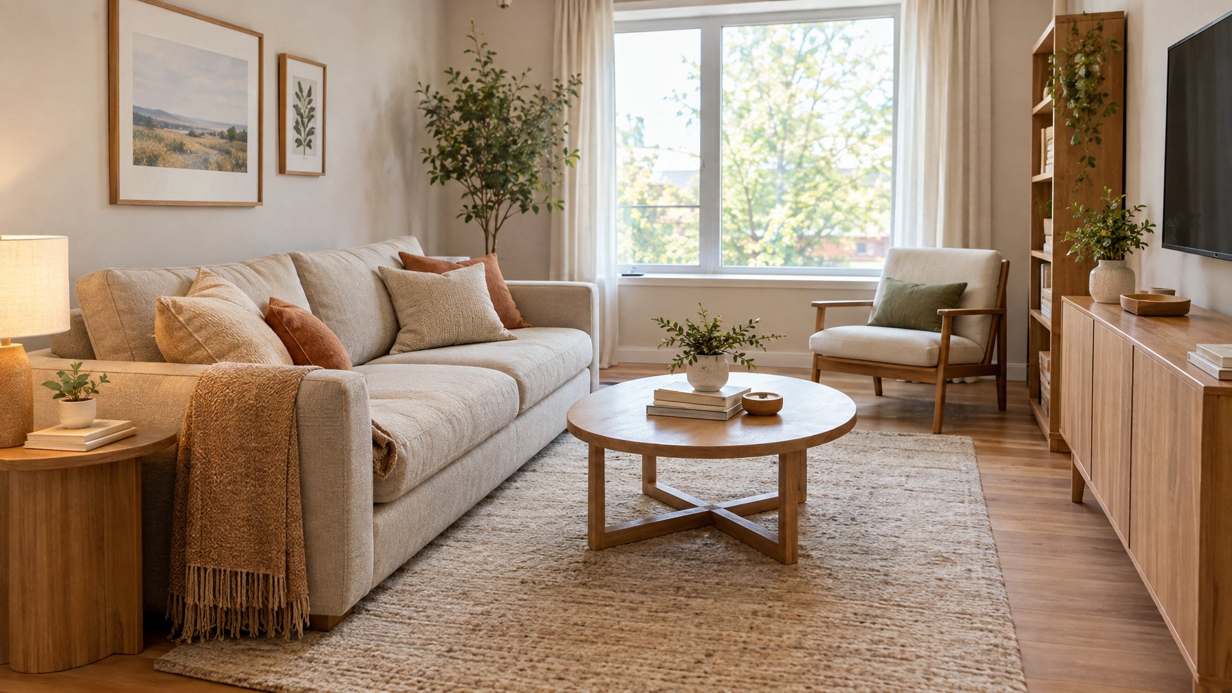 Sofa modern tertata di ruang keluarga yang nyaman.
