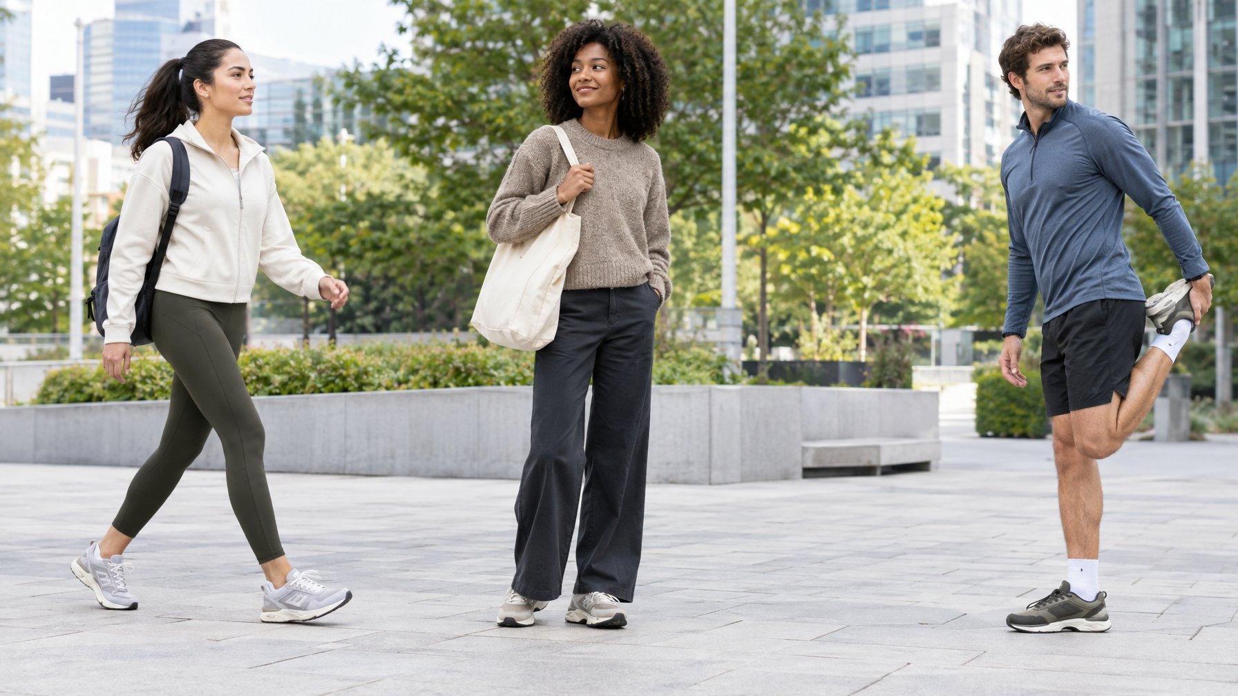 Tiga orang memakai sepatu berbeda saat berjalan, bersantai, dan bersiap untuk jogging di plaza.