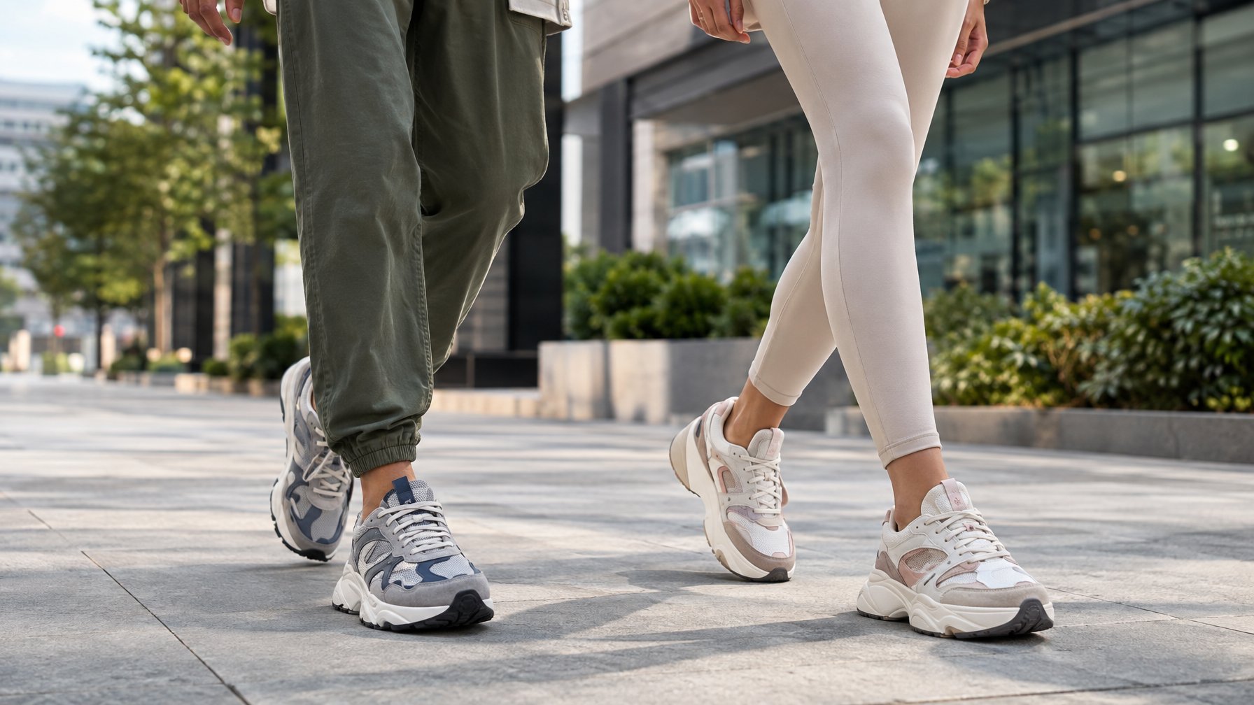 Seorang pria dan wanita berjalan berdampingan mengenakan sepatu sneakers.