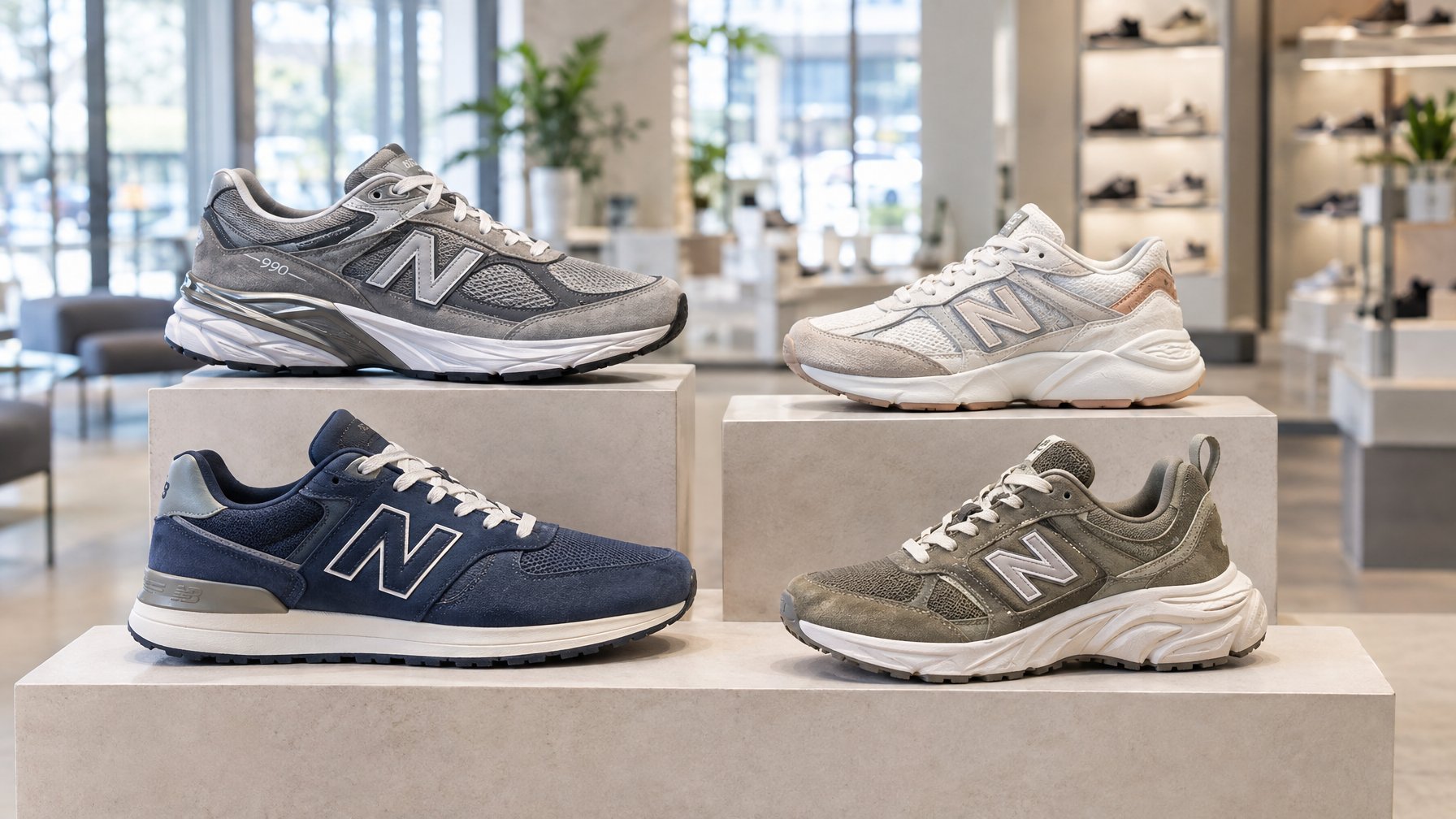 Empat pasang sepatu New Balance untuk pria dan wanita tersusun di atas alas pajangan.