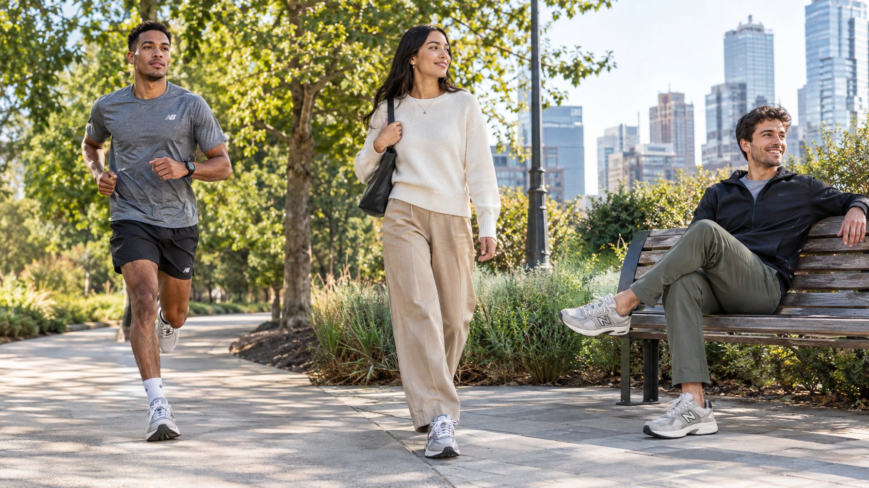 Tiga orang mengenakan sepatu New Balance saat berlari, berjalan di kota, dan beristirahat di taman.